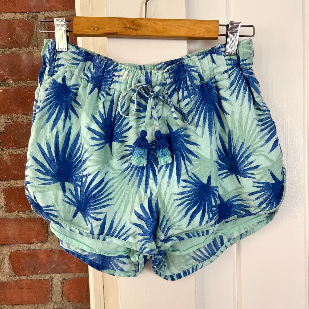 Vineyard Vines Linen Green and Blue Pull On Shorts with Tassels M